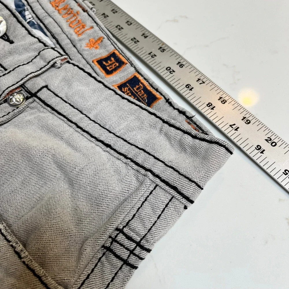 Rock Revival Dan Straight Mens 38 Gray Jeans Heavy Black Stitch Fleur-De-Lis Y2K
